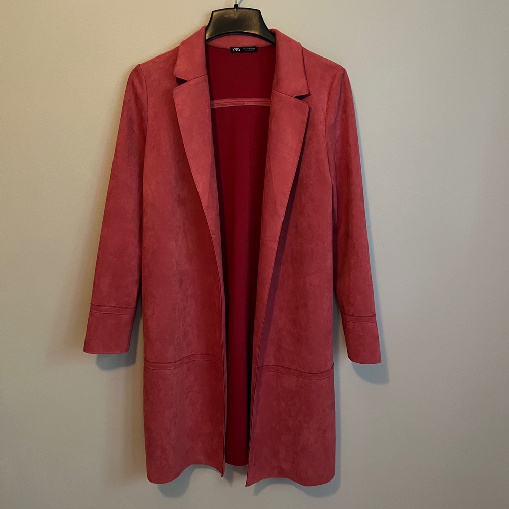 Zara Faux Suede Open Front Duster Coat Trench Pink S Jacket Casual Chic